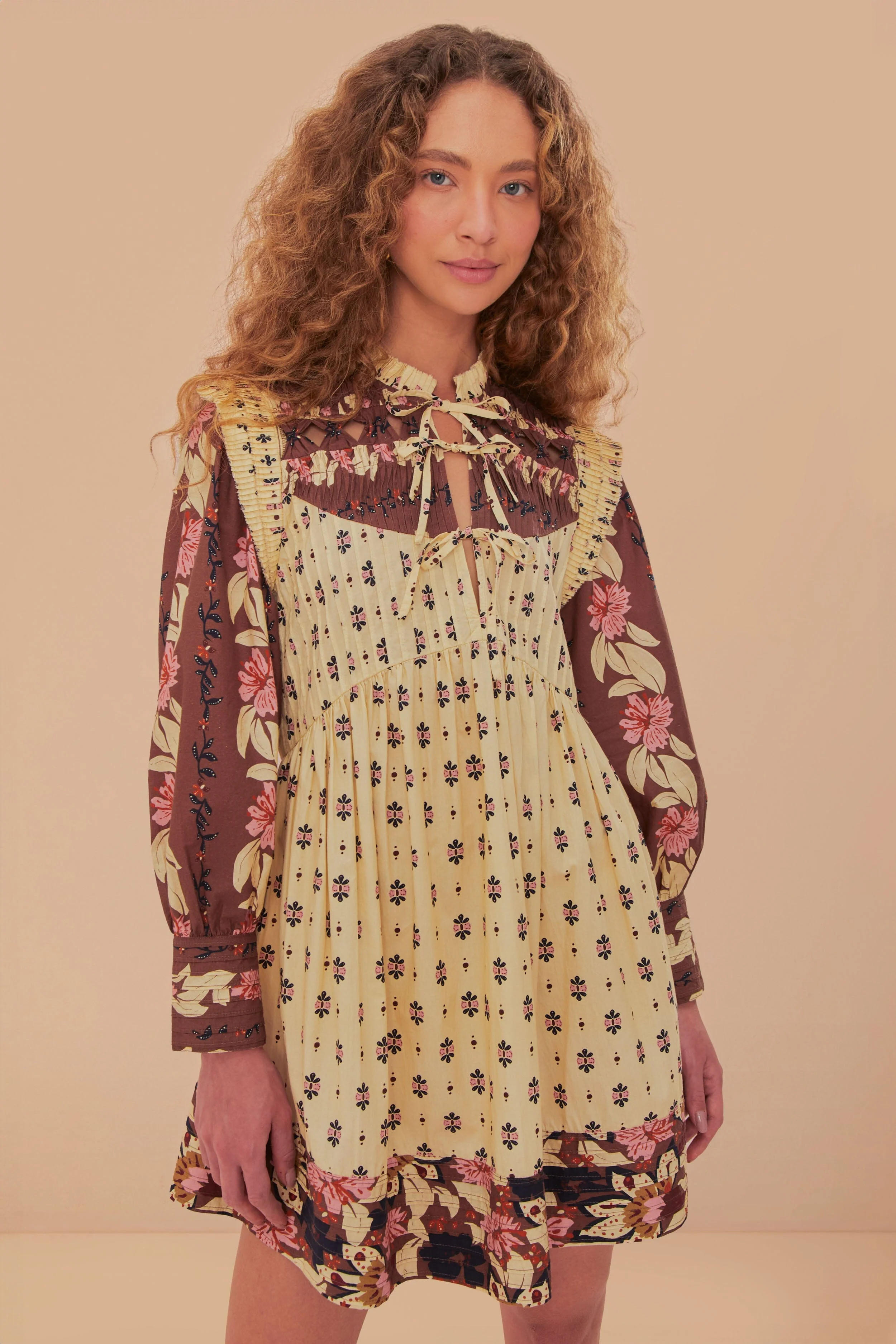 Ainika Maxi Floral Cream Open Yoke Mini Dress | FarmRio (US)