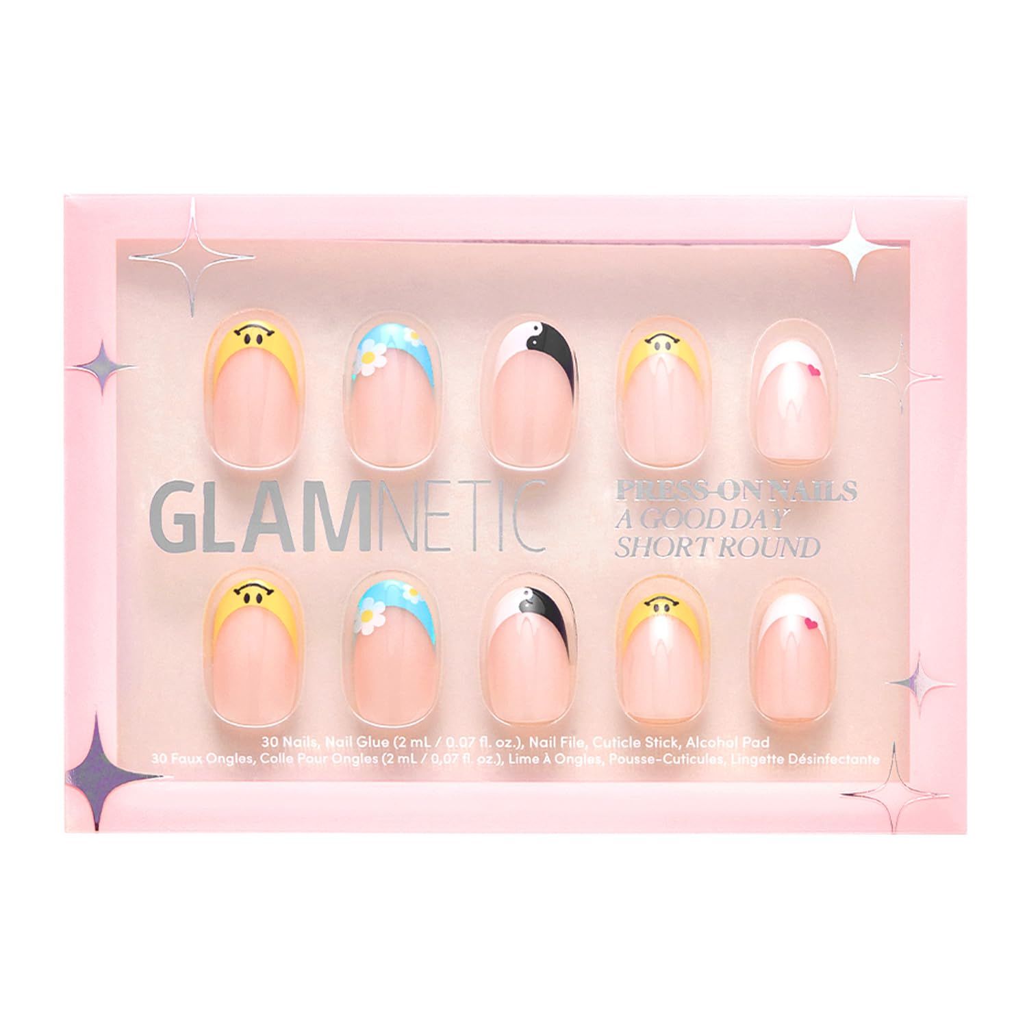 Glamnetic Press On Nails - A Good Day | Glossy Finish Short Round French Tip Nails with Various A... | Amazon (US)
