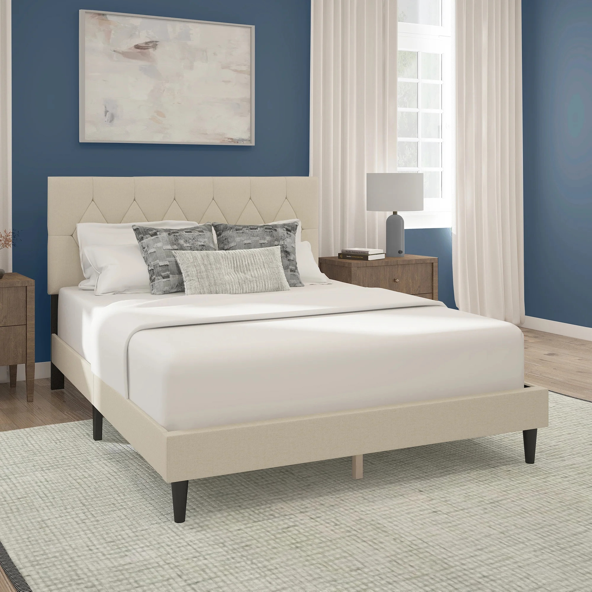Mainstays Hillside Diamond Tufted Upholstered Queen Platform Bed, Ivory - Walmart.com | Walmart (US)