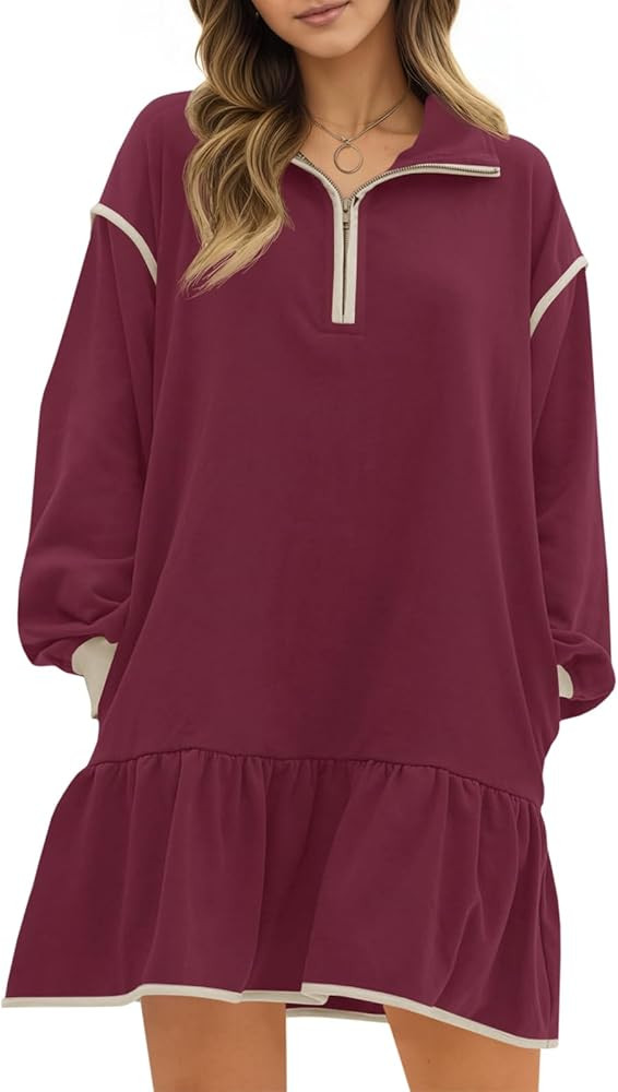 Wenrine Womens 2025 Fall Oversized Sweatshirt Dress Casual Long Sleeve Quarter Zip Ruffle Hem Pul... | Amazon (US)
