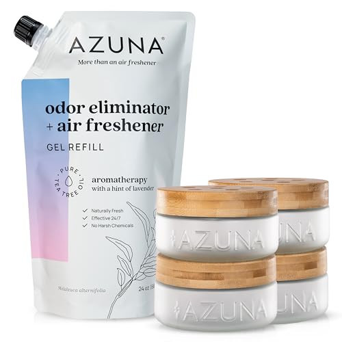 Azuna Air Freshener & Odor Eliminator for Strong Odor | 4 Room Kit Includes (4) Empty Luxe Glass Jar & 24oz Gel Refill with Tea Tree Essential Oil | Aromatherapy | Last 60-90 Days | Amazon (US)