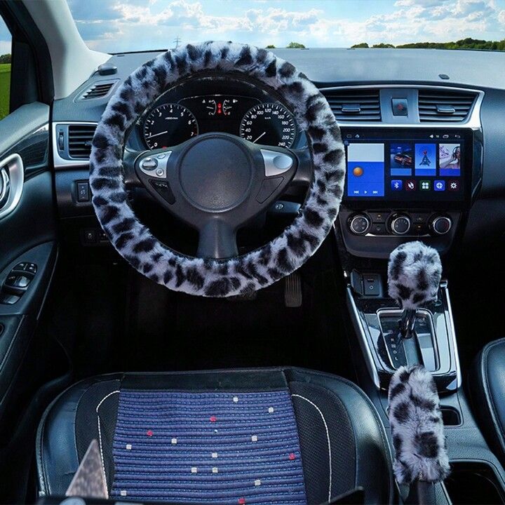 3pcs Plush leopard print elastic band without inner ring steering wheel cover, hand brake cover, ... | SHEIN