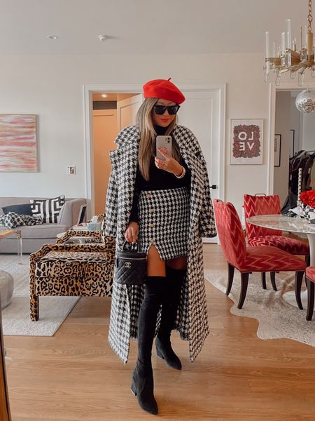 Houndstooth outfit! Fall style, Fall outfit, over the knee boots, fall coat, red beret, Amazon sunglasses

#LTKstyletip #LTKSeasonal
