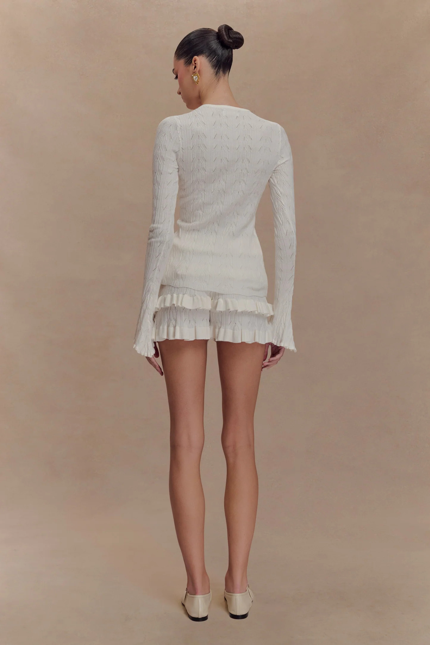 Pointelle Bell Sleeve Cardigan - Ivory | MESHKI US