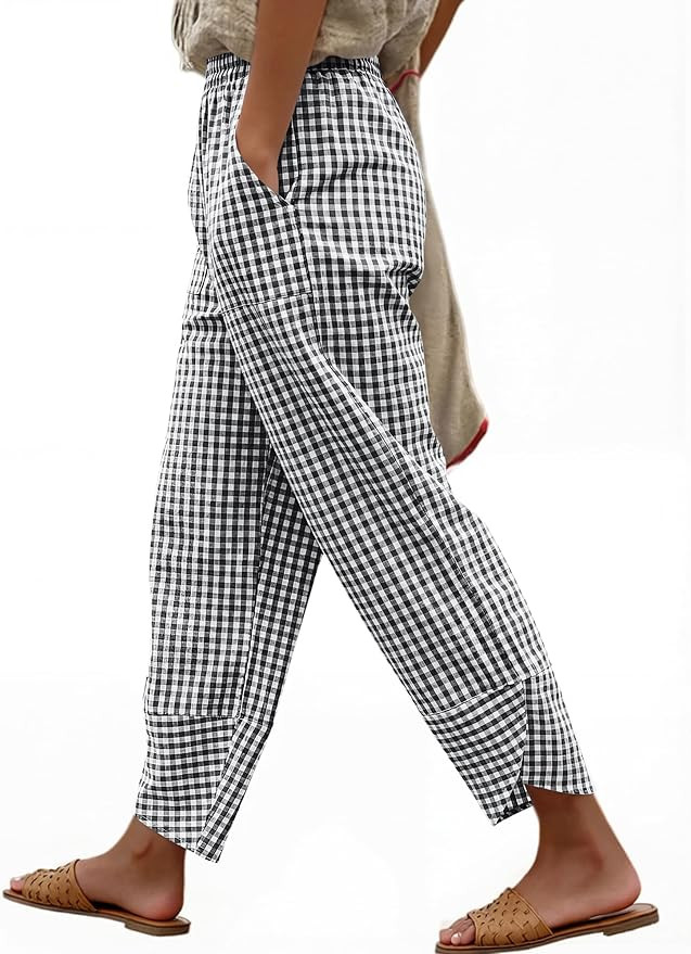 ANRABESS Womens Striped Gingham Pants Summer Lounge Cute PJ Bottom Plaid Pants Casual Wide Leg Be... | Amazon (US)