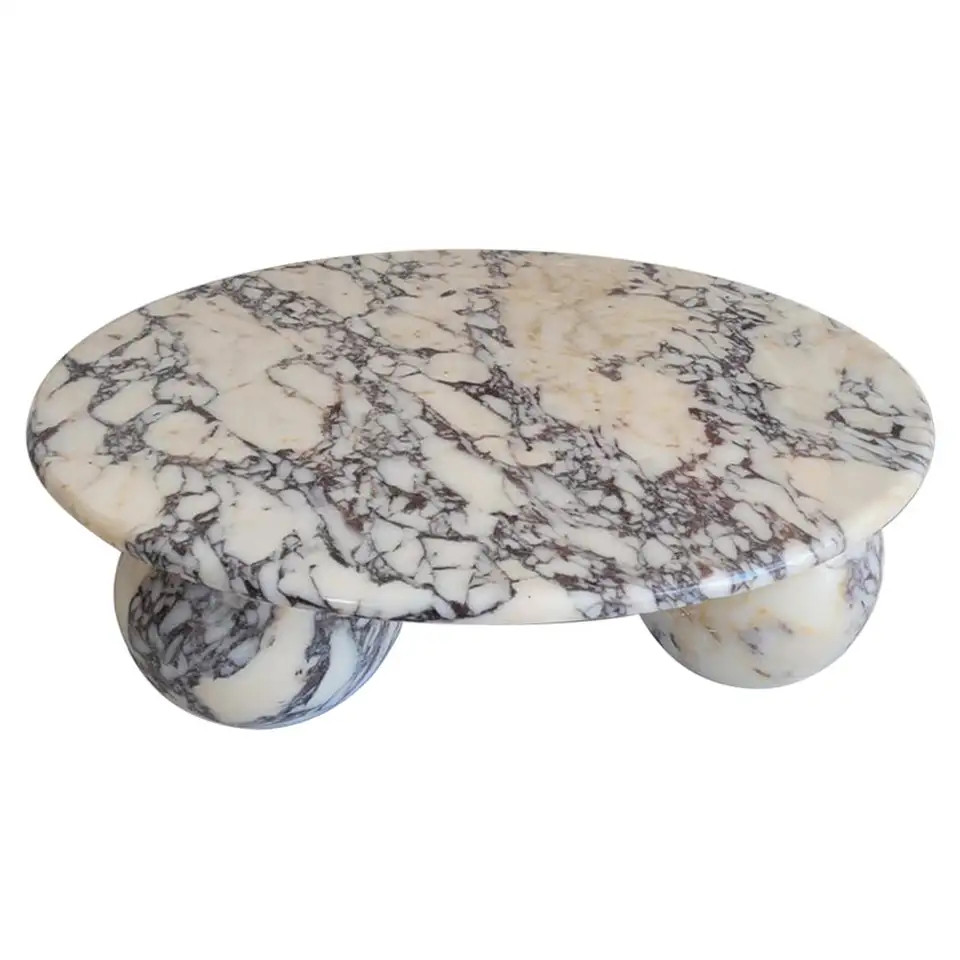 Round Coffee Table with Ball Sphere Legs Base in Violet Viola Calacatta Marble | 1stDibs