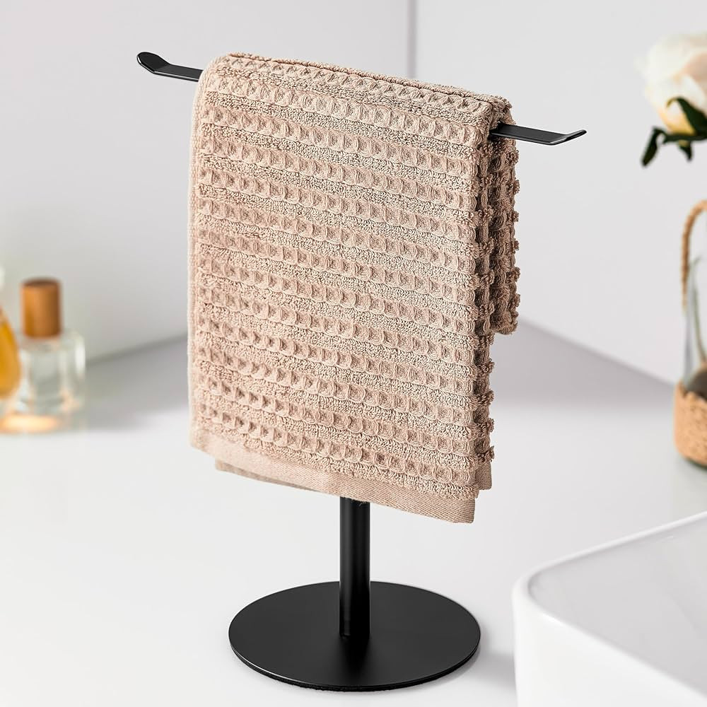 Black Hand Towel Holder Stand – Countertop T-Shaped Stainless Steel Towel Rack with Non-Slip Ba... | Amazon (US)