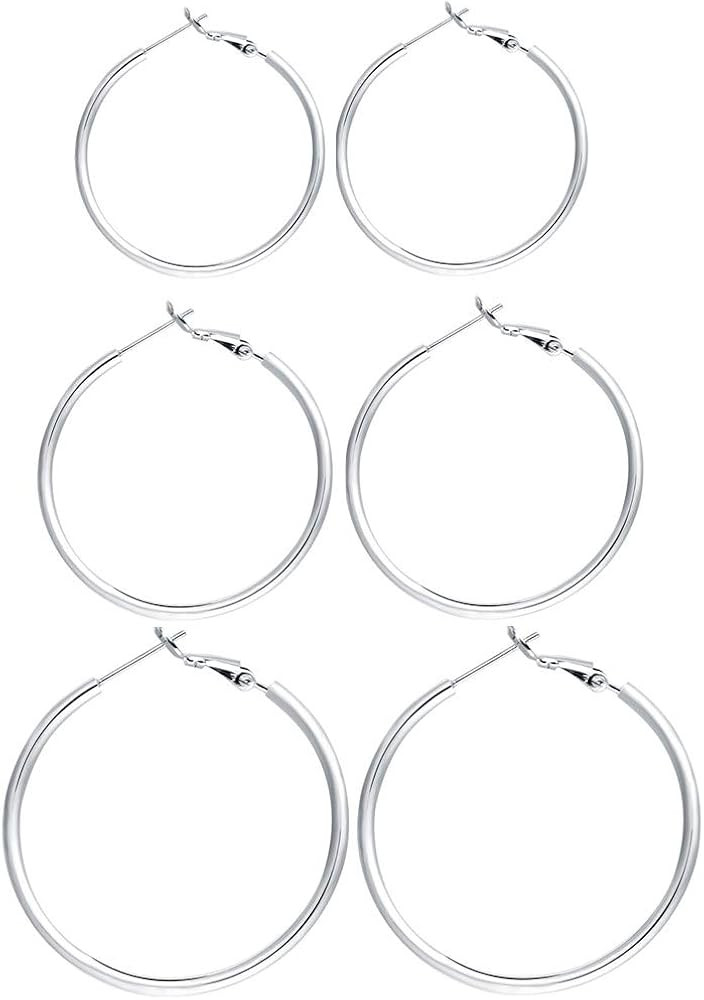 3 Pairs Sterling Silver Hoop Earrings - 14k White Gold Plated Hoop Earrings Big Hoop Earrings Set... | Amazon (US)