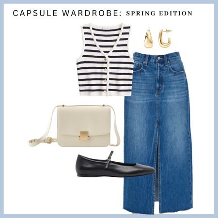 Spring look, denim skirt, striped vest, black ballet flats, white cross body bag 

#LTKfindsunder100 #LTKSpringSale #LTKitbag