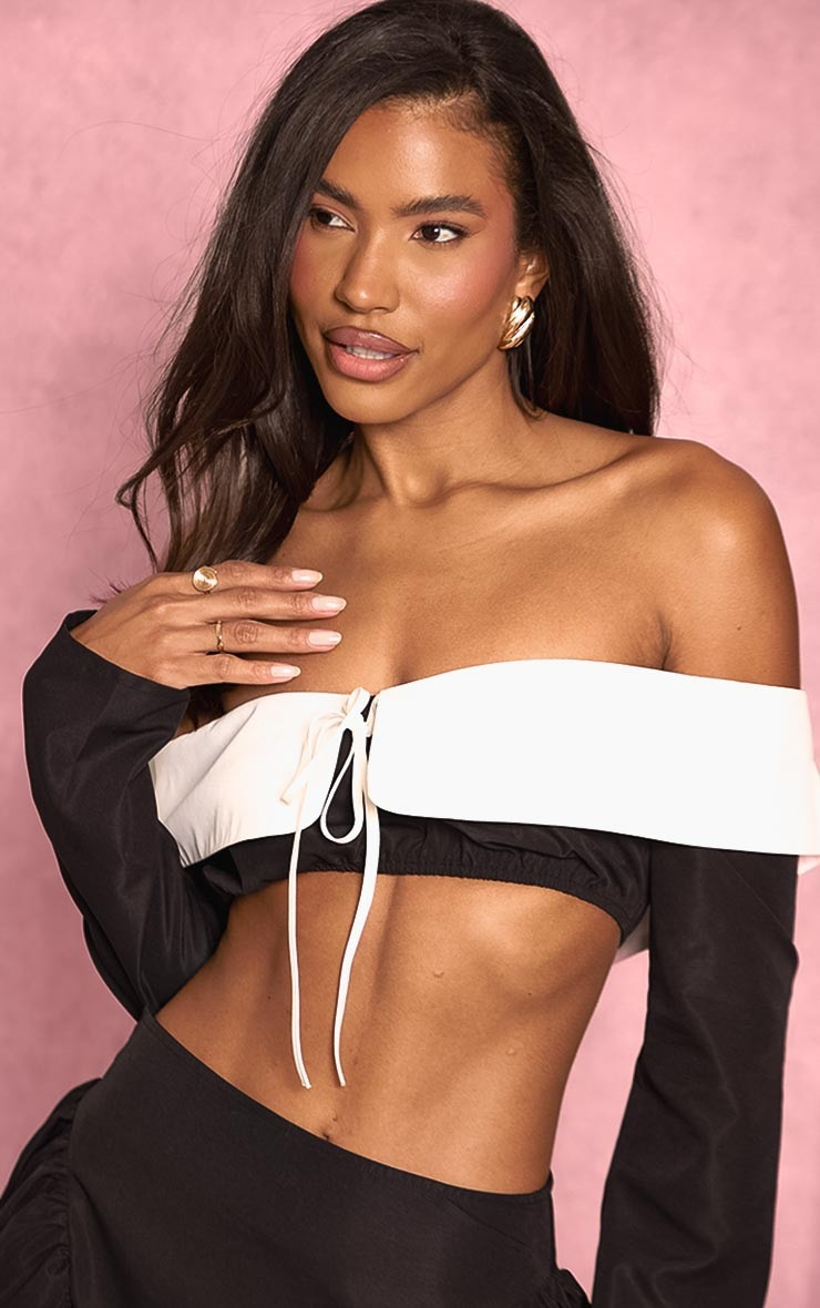 Black Woven Contrast Fold Over Collar Top | Pretty Little Thing (Australia & New Zealand)