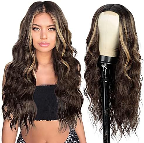 Long Brown Wavy Wig,Long Wavy Middle Part Wig for Women Synthetic Curly Wavy Wigs Natural Wavy Heat  | Amazon (US)