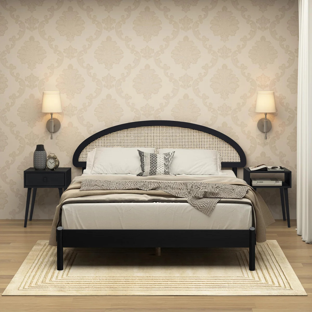 Gem Solid Wooden Bed Frame With Headboard And Natural Rattan, 1000 Lb Capacity | Wayfair North America