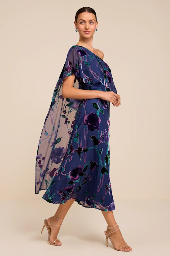 Vero Blue Floral Burnout Cape Midi Dress | Lulus