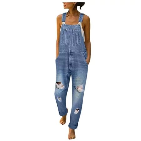 Low Waisted Jeans Pull On Jeans Women s Washed Denim Bib Jeans Overalls Casual Ripped Denim Jumpsuit | Walmart (US)
