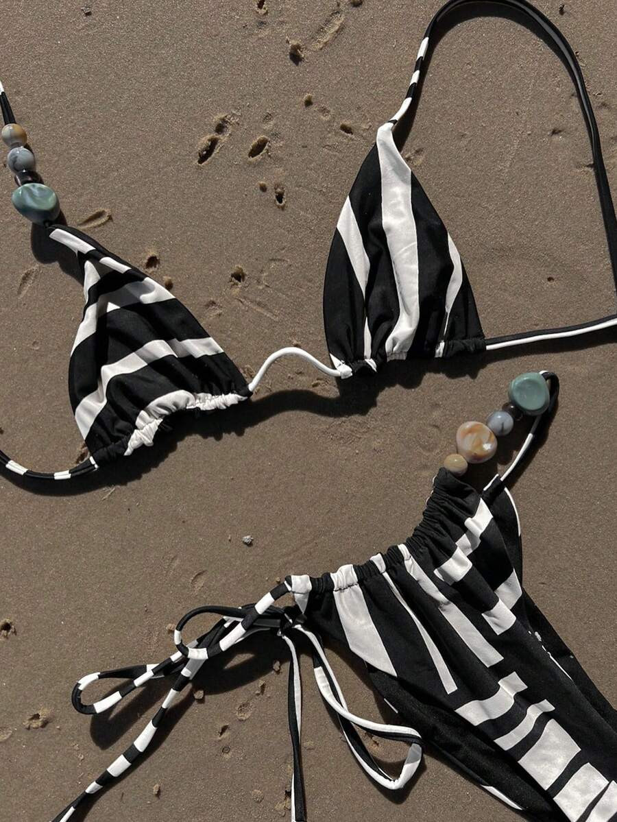 LocalWomen's Elegant Fashion Black & White Asymmetrical Striped Print Sexy Spaghetti Strap Casual... | SHEIN