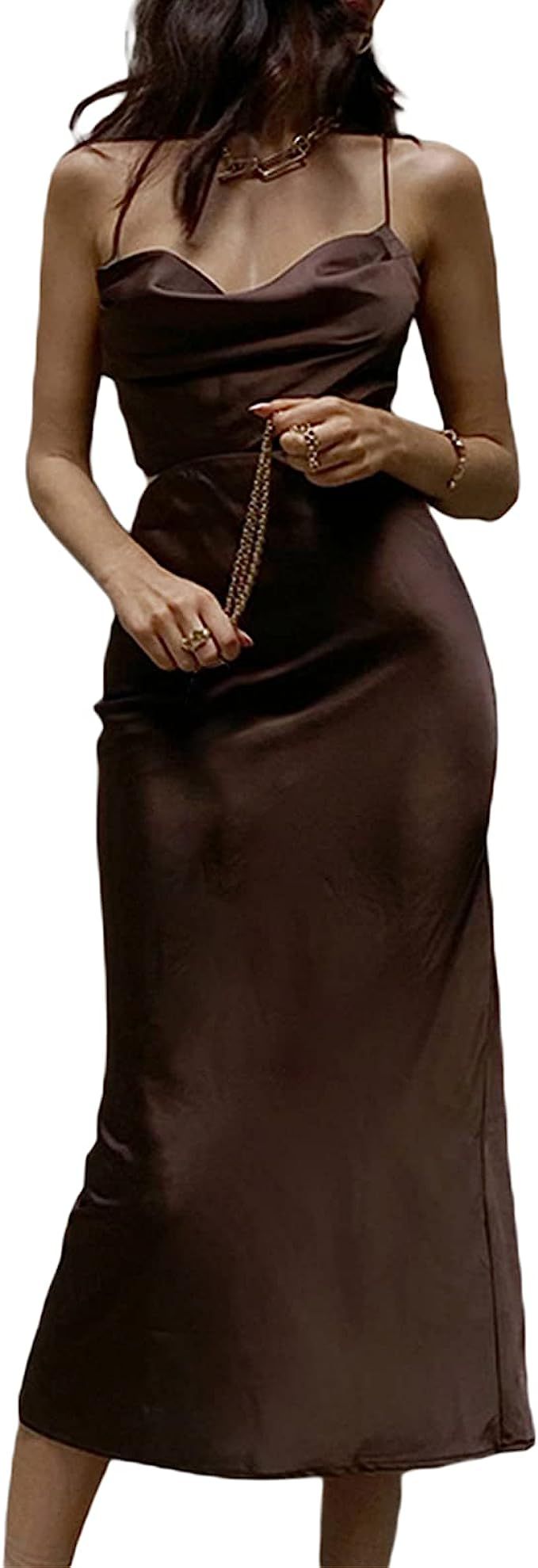ZERNOBLEIEONE Women's Spaghetti Strap Silky Satin Bodycon Midi Dress Backless Lace Up Elegant Clu... | Amazon (US)