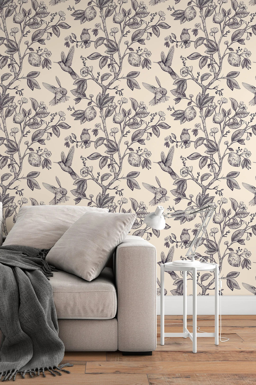 Hummingbird Paradise Gray on Beige Background Wallpaper, Birds - Removable Wallpaper - Vinyl Peel... | Etsy (US)