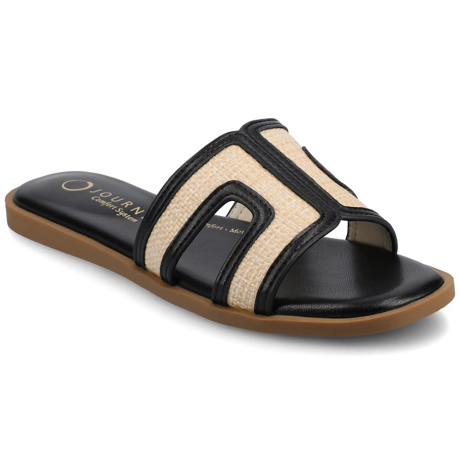 Journee Primah H Band Slip-On Women's Flat Sandals, Size: 8.5 Wide, Black Natural Raffia | Kohl's