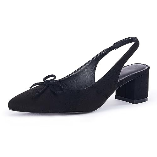 Coutgo Women's Bow Knot Slingback Pumps Pointed Toe Chunky Block Heeled Sandals Party Dress Shoes, Black, Size 6.5 | Amazon (US)