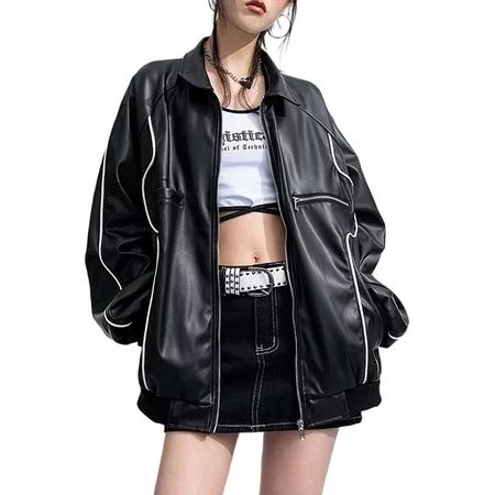 DanceeMangoos Women s Faux Leather Jacket Oversized Boyfriend Style PU Bomber Jacket Vintage Streetw | Walmart (US)