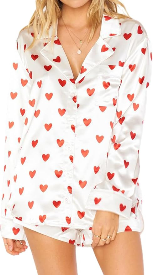 Yiulangde Women Satin Pajamas Shorts Sets Y2k Silk PJs 2 Piece Outfits Collar Long Sleeve Button ... | Amazon (US)