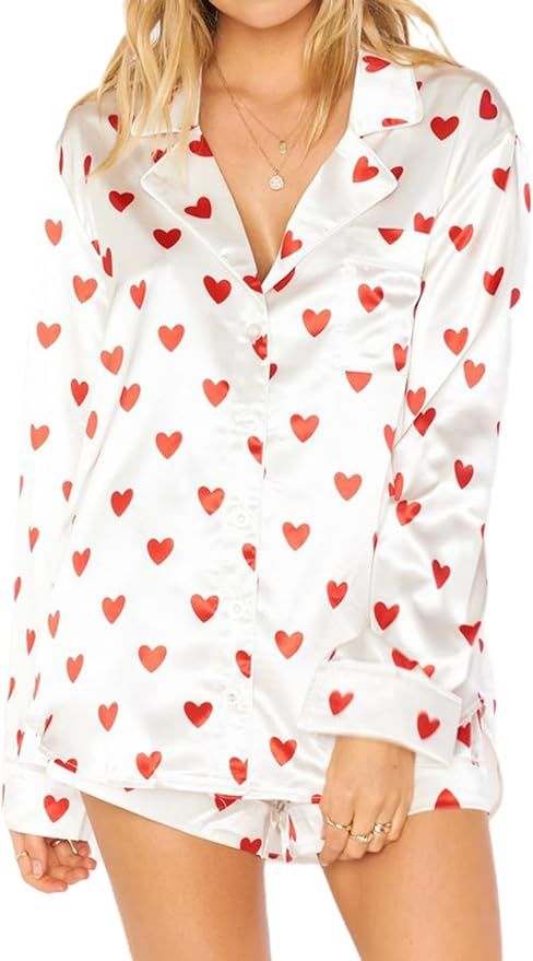 Yiulangde Women Satin Pajamas Shorts Sets Y2k Silk PJs 2 Piece Outfits Collar Long Sleeve Button ... | Amazon (US)