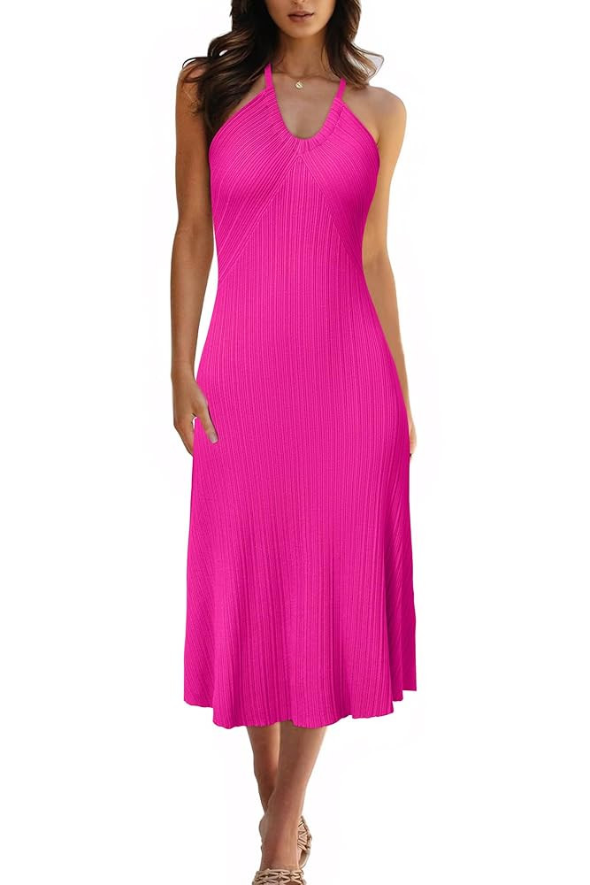 Arach&Cloz Women's Summer Dresses 2025 Halter V Neck Spaghetti Strap Sleeveless Knit Casual Beach... | Amazon (US)