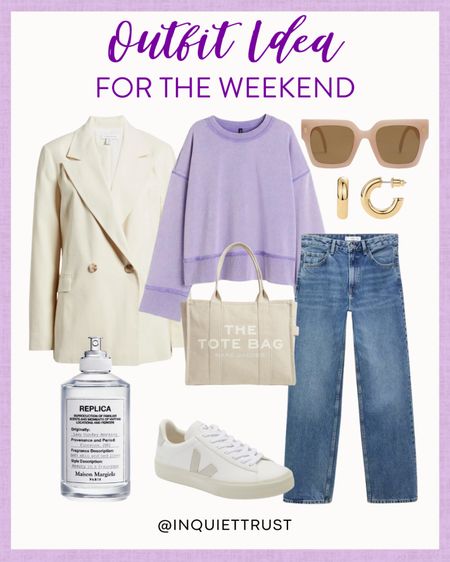 Run your errands or have a brunch date on the weekend while looking stylish with this outfit: a purple sweater, denim jeans, cute tote bag, neutral sneakers and more!
#outfitinspo #springfashion #casuallook #capsulewardrobe

#LTKitbag #LTKshoecrush #LTKstyletip