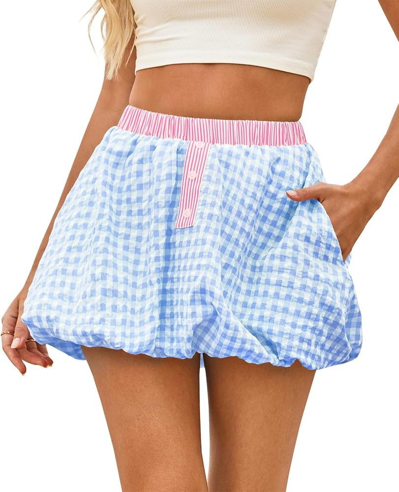 Wenrine Womens Gingham Bubble Mini Skirts Striped Elastic Waist Cute Y2K Skorts Plaid Summer Beac... | Amazon (US)