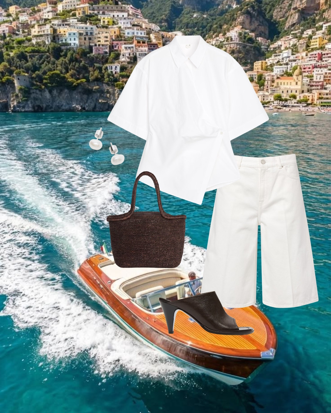 Amalfi Coast Vacation Style | White Wrap Button-Down, Wide-Leg Denim Shorts & Woven Tote Bag 

 #LTKgrwm #LTKootd #LTKTravel