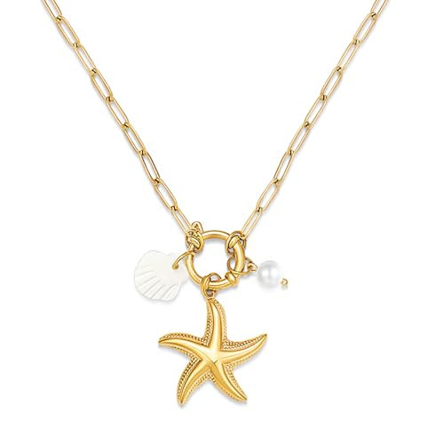 HESSAWELL Starfish Pendant Necklace Gold Charm Necklace for Women Beach Necklace Summer Jewelry | Amazon (US)