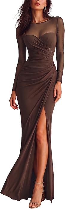 Women's Mesh Sheer Bodycon Maxi Long Sleeve Wedding Guest Dress | Amazon (US)