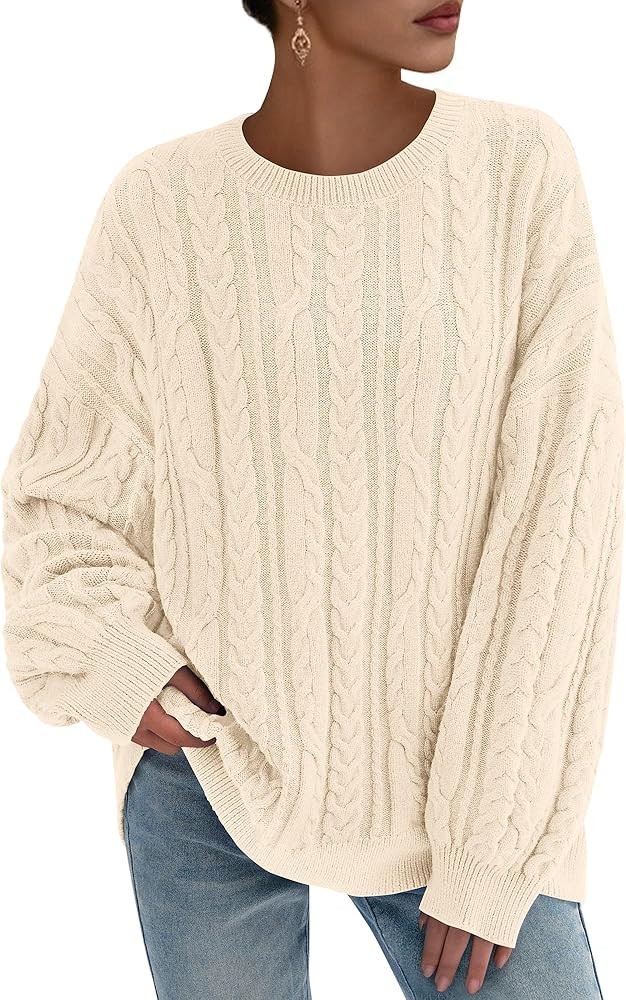 KIRUNDO Oversized Cable Knit Sweater Women 2025 Early Fall Fashion Chunky Cozy Long Sleeve Crewne... | Amazon (US)