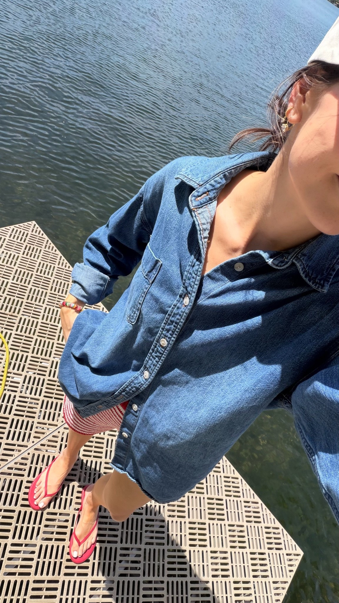 Morning lake outfit 🌊🍓
Denim shirt: true to size (S)
Stripe mini shorts: tts (S) 
Flip flops: size up for half sizes

#LTKootd #LTKSaleAlert