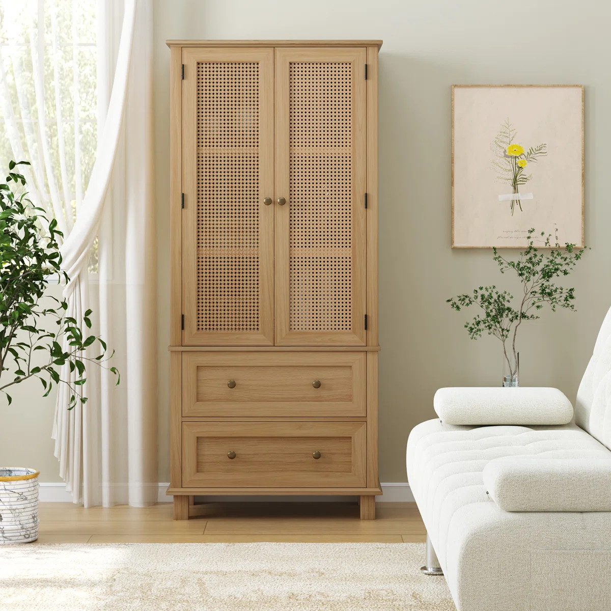 Wooden Accent Cabinets with Cabinet and 2 Drawers, Tall Rectangle Locker With Faux Rattan And Fau... | Wayfair North America