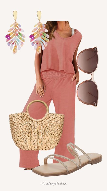 Vacation outfit with a 2 piece crop and pants set from Amazon. 
//Spring outfits 2024, Amazon outfit ideas, casual outfit ideas, casual fashion, amazon fashion, amazon casual outfit, cute casual outfit, outfit inspo, outfits amazon, outfit ideas, Womens shoes, amazon shoes, Amazon bag, purse, size 4-6, early spring outfits, winter to spring transition outfit, spring outfit, slide on sandals, straw tote bag, dangle earrings, resort wear, spring break #ltktravel #ltkfindsunder100 #ltkshoecrush 

#LTKstyletip #LTKitbag #LTKfindsunder50