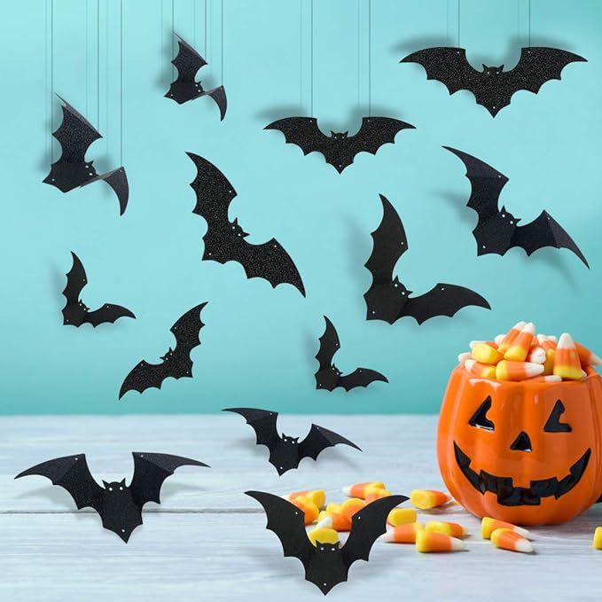 24Pcs Black Glitter Hanging Bats Garland and Bats Wall Decals-Hanging Bat Decorations,Bat Party S... | Amazon (US)