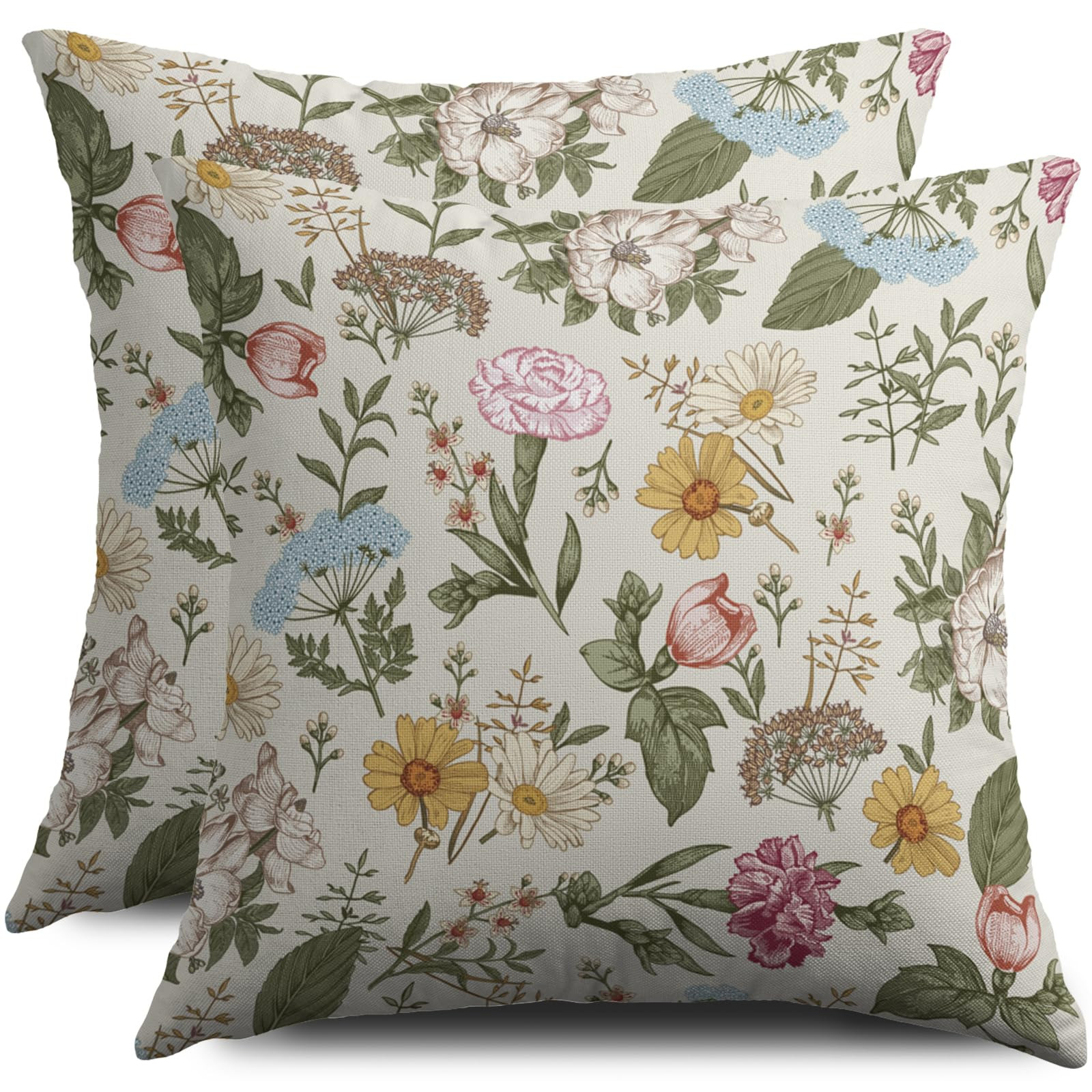 Spring Floral Pillow Covers 18X18 Set of 2, Botanical Print Green Flower Plant Pattern Decorative... | Amazon (US)