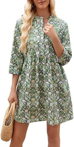 Floral Dress for Women 3/4 Sleeve Button Up Shift Boho Mini Tunic Cotton Shirt Dresses with Pocke... | Amazon (US)