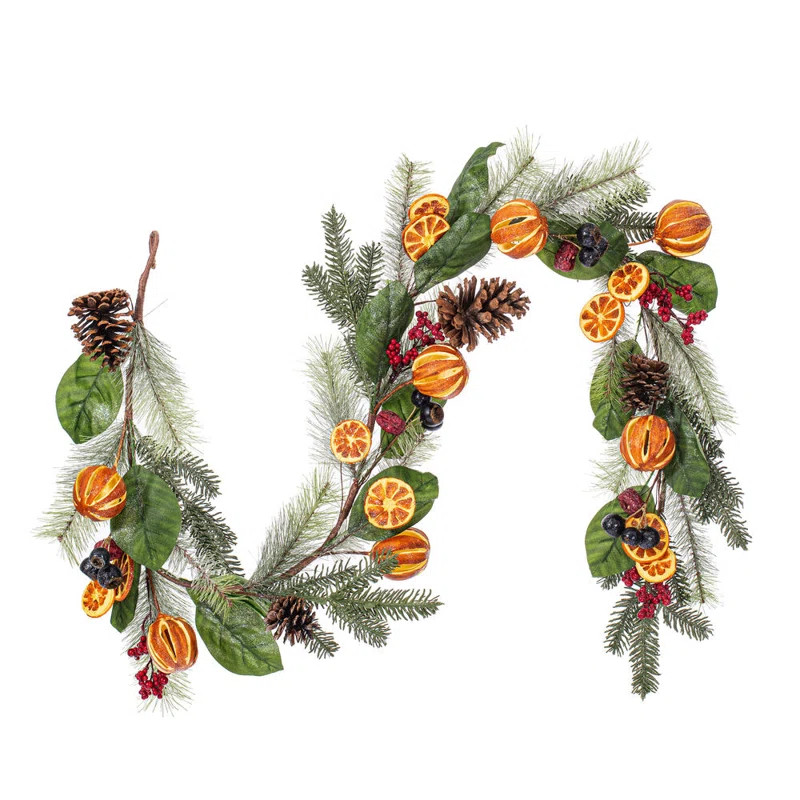 Primrue 6' Green Mixed Pine Foliage Orange/Berry Garland. | Wayfair North America