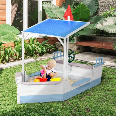 Outsunny Kids Sandbox with Canopy, Pirate Ship Wooden Sand Boxes with Bench for Backyard, Sand Pit for Toddlers, Blue | Wayfair North America
