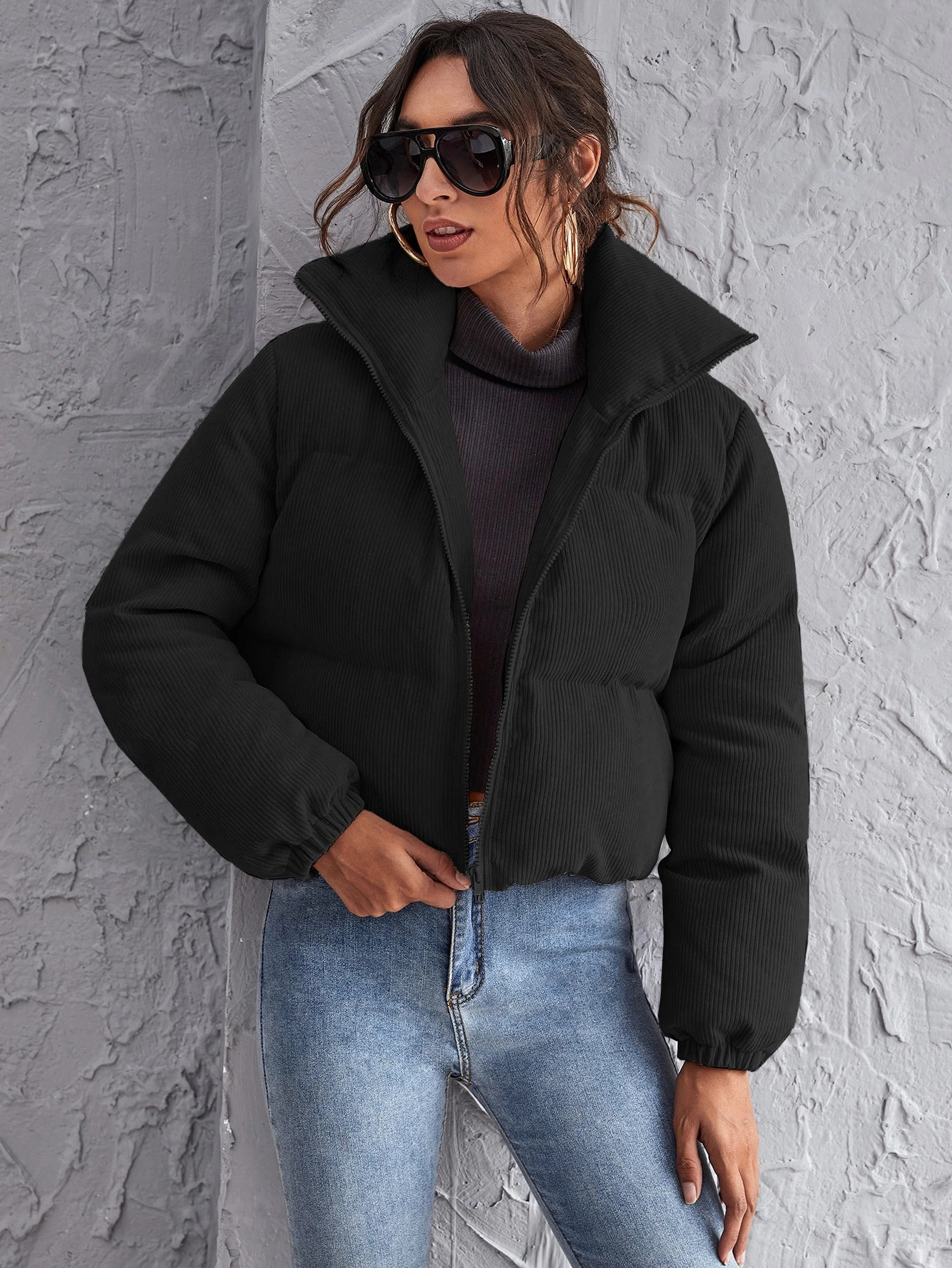 SHEIN Zipper Up Cord Puffer Jacket | SHEIN