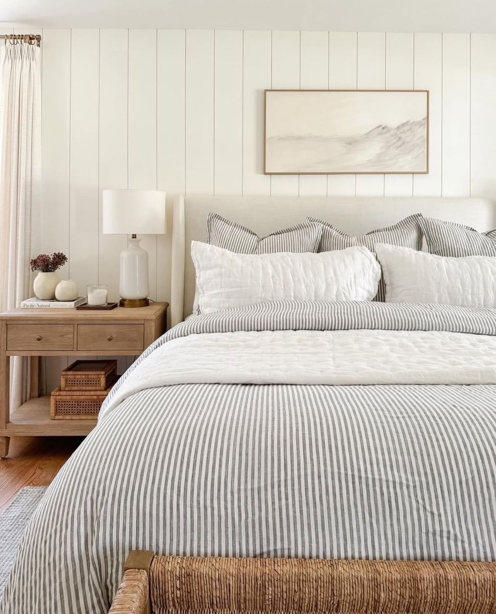 textiles always either make or break any interior. blue and white stripes, combines with a subtle quilt pattern of the duvet set, is a perfect combination for a timeless classic farmhouse/coastal style bedroom <3

#LTKHome #LTKSeasonal