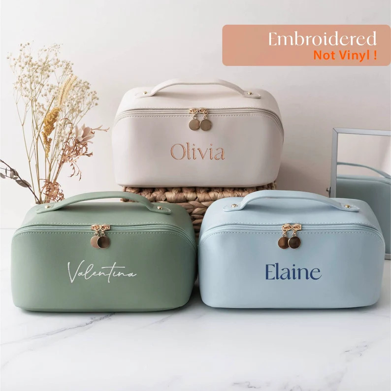 Set of 4, 5, 6, 7, 8 Embroidered Makeup Bag, Leather Cosmetic Bag, Bridal Party Gifts Wedding Gif... | Etsy (US)