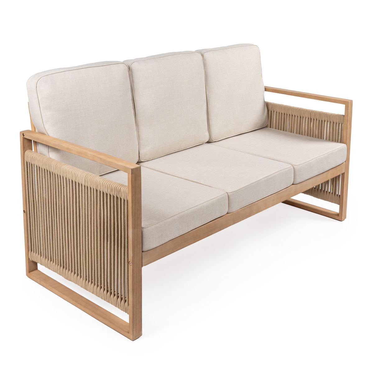 Gable 3-Seat Mid-Century Modern Roped Acacia Wood Outdoor Sofa with Cushions - JONATHAN Y | Target