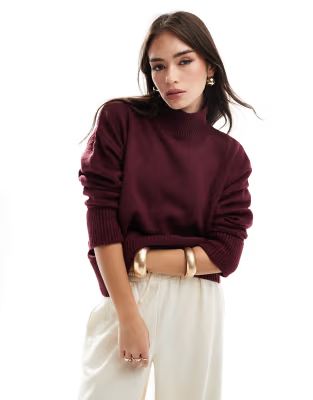 ASOS DESIGN knitted high neck jumper with turn back cuffs in burgundy | ASOS (Global)