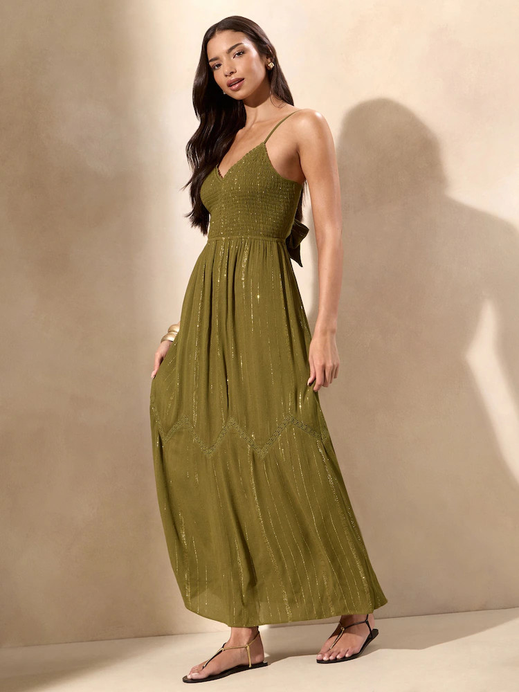 Lipsy Olive Green Sparkle Stripe Shirred Tie Back Summer Maxi Dress | Next AU