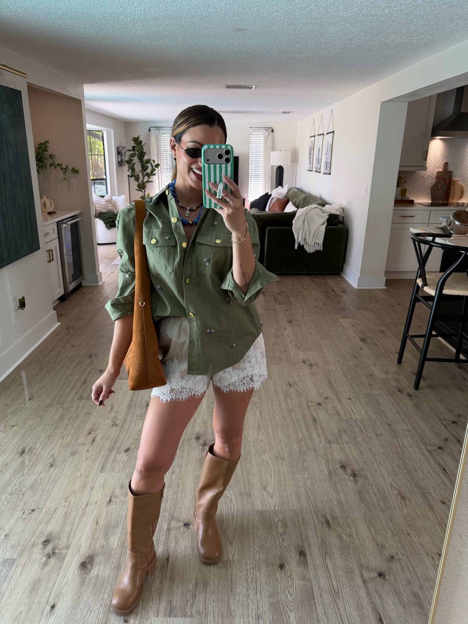 Today’s fall ootd! An embellished olive green cotton utility shirt from @Walmart, satin lace shorts from Amazon, @Target boots that are an incredible lookalike for Frye, my go-to suede handbag, and cute necklaces to tie all the colors together! ✨

#LTKootd #LTKgrwm #LTKSeasonal