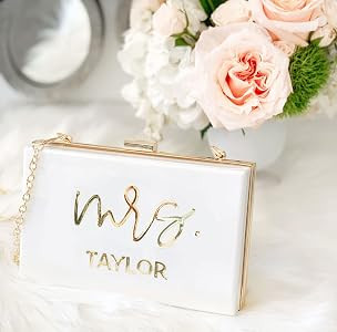 ModParty Mrs Personalized Clutch Purse | White & Gold Acrylic Bride Purse | Engagement, Bridal Sh... | Amazon (US)