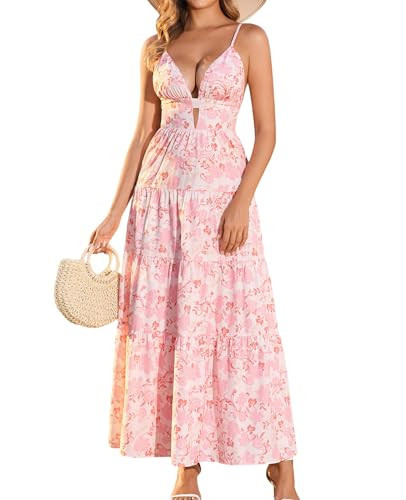 GLNEGE Summer Floral Wedding Guest Maxi Dress Spaghetti Straps V Neck Flowy Beach Dresses Cutout Vacation Sundress for Women | Amazon (US)